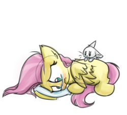 Size: 1024x931 | Tagged: safe, artist:lbrcloud, angel bunny, fluttershy, pony, rabbit, g4, colored sketch, duo, ear fluff, floppy ears, frown, looking down, missing cutie mark, pillow, prone, sad, simple background, teary eyes, transparent background, wings