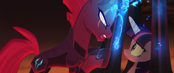 Size: 1024x429 | Tagged: safe, screencap, tempest shadow, twilight sparkle, alicorn, pony, unicorn, g4, my little pony: the movie, armor, broken horn, cage, concave belly, electricity, eye scar, female, furrowed brow, horn, lidded eyes, looking at each other, looking at someone, mare, open mouth, scar, slender, sparking horn, teeth, thin, twilight sparkle (alicorn)