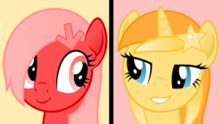 Size: 2783x1560 | Tagged: safe, artist:arifproject, oc, oc only, oc:downvote, oc:favourite, pony, derpibooru, g4, :t, bedroom eyes, derpibooru ponified, duo, eye contact, grin, lidded eyes, looking at each other, meta, pink background, ponified, simple background, smiling, vector, yellow background