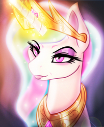 Size: 635x777 | Tagged: safe, artist:aaa-its-spook, artist:spook, derpibooru exclusive, princess celestia, alicorn, pony, g4, bust, crown, female, glowing horn, glowing mane, horn, jewelry, lens flare, lidded eyes, magic, regalia, smiling, smirk, solo