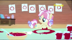 Size: 1233x693 | Tagged: safe, screencap, kettle corn, earth pony, pony, g4, marks and recreation, circle painting, discovery family logo, female, filly, foal, food, low quality, solo, strawberry jam