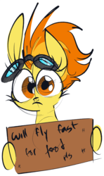 Size: 787x1332 | Tagged: safe, artist:hattsy, spitfire, pegasus, pony, g4, cutefire, female, frown, goggles, hoof hold, hungry, looking at you, mare, pls, sign, simple background, solo, white background, wide eyes, will x for y
