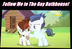 Size: 1094x747 | Tagged: safe, edit, screencap, pipsqueak, rumble, pegasus, pony, g4, marks and recreation, colt, foal romance, follow me to the gay bath house, gay, image macro, male, meme, rumblesqueak