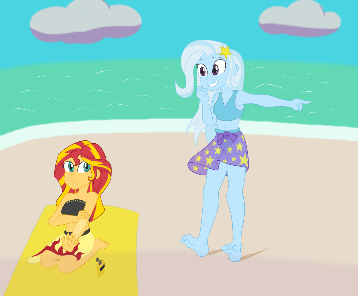 1531749 - artist:scraggleman, bandeau, barefoot, beach, belly button,  bikini, clothes, cute, diatrixes, equestria girls, feet, midriff, /mlp/,  safe, sarong, shimmerbetes, summer sunset, sunset shimmer, suntan lotion,  swimsuit, trixie, wrap skirt ...