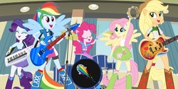 Size: 1094x553 | Tagged: safe, screencap, applejack, fluttershy, pinkie pie, rainbow dash, rarity, equestria girls, g4, my little pony equestria girls: rainbow rocks, bass guitar, better than ever, electric guitar, female, guitar, humane five, keytar, musical instrument, ponied up, tambourine, the rainbooms