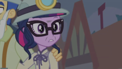 Size: 788x443 | Tagged: safe, screencap, flash sentry, sci-twi, twilight sparkle, equestria girls, g4, my little pony equestria girls: better together, opening night, opening night: twilight sparkle, facial hair, fake beard, glasses, hard hat, makeup, male, shipping fuel, wrinkles