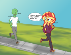 Size: 1650x1275 | Tagged: safe, artist:zharkaer, sunset shimmer, oc, oc:anon, human, equestria girls, equestria girls series, g4, stressed in show, stressed in show: rainbow dash, clothes, dialogue, exhausted, female, hoodie, jogging, looking back, male, panting, shoes, sneakers, speech bubble, sweat