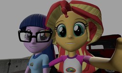 Size: 1280x768 | Tagged: safe, artist:n3onh100, sci-twi, sunset shimmer, twilight sparkle, equestria girls, g4, my little pony equestria girls: legend of everfree, 3d, camp everfree outfits, female, gmod, looking at you, selfie