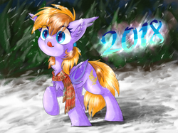 Size: 1861x1395 | Tagged: safe, artist:kaliner123, oc, oc only, bat pony, pony, 2018, clothes, happy new year 2018, licking, licking lips, mlem, scarf, silly, snow, solo, tongue out