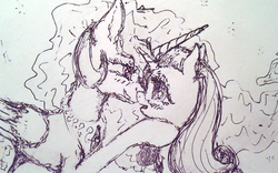 Size: 1512x944 | Tagged: safe, artist:plotcore, princess celestia, rarity, alicorn, pony, unicorn, g4, blushing, female, imminent kissing, lesbian, looking at each other, mare, open mouth, ship:rarilestia, shipping, smiling, traditional art