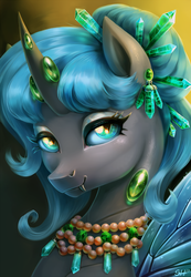Size: 841x1212 | Tagged: safe, artist:sorcerushorserus, oc, oc only, oc:queen polistae, changeling, changeling queen, pony, changeling oc, changeling queen oc, ear piercing, earring, female, hair bun, jewelry, mare, necklace, piercing, smiling, solo