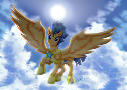 Size: 1600x1131 | Tagged: safe, artist:jotakaanimation, flash sentry, pegasus, pony, g4, armor, clothes, cloud, flying, male, shoes, solo, stallion