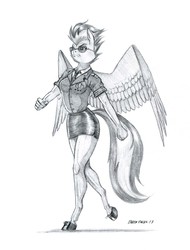 Size: 1100x1446 | Tagged: safe, artist:baron engel, spitfire, pegasus, anthro, unguligrade anthro, g4, breasts, clothes, female, glasses, grayscale, legs, mare, miniskirt, monochrome, pencil drawing, sexy, side slit, simple background, sketch, skirt, solo, stupid sexy spitfire, sunglasses, traditional art, uniform, white background, wonderbolts dress uniform