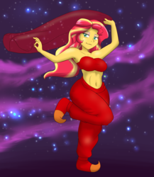 Size: 867x1000 | Tagged: safe, artist:empyu, sunset shimmer, equestria girls, g4, armpits, arms in the air, bare shoulders, bedroom eyes, belly button, belly dancer, belly dancer outfit, clothes, dancing, eyeshadow, female, harem outfit, long hair, makeup, midriff, night, one leg raised, pants, scarf, smiling, soft shading, solo, stars, strapless, stupid sexy sunset shimmer
