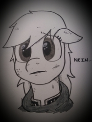 Size: 600x800 | Tagged: safe, artist:pony quarantine, oc, oc only, oc:aryanne, pony, /mlp/, 4chan, aryan pony, cute, drawthread, hajnal line, irony, monochrome, nein, sad, simple background, solo, traditional art