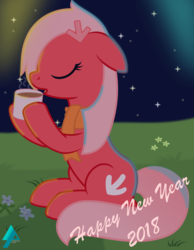 Size: 1225x1580 | Tagged: safe, artist:arifproject, oc, oc only, oc:downvote, earth pony, pony, derpibooru, g4, chocolate, clothes, derpibooru ponified, drinking, eyes closed, fireworks, floppy ears, food, happy new year, happy new year 2018, holiday, hot chocolate, meta, new year, night, ponified, scarf, simple background, sitting, solo, vector