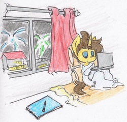 Size: 1157x1113 | Tagged: safe, artist:spheedc, oc, oc only, oc:dream chaser, pony, unicorn, 2018, computer, fireworks, laptop computer, male, new year, pillow, solo, stallion, traditional art, window