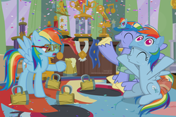 Size: 3220x2141 | Tagged: safe, artist:shutterflyeqd, bow hothoof, rainbow dash, windy whistles, pegasus, pony, g4, 2018, ^^, bags under eyes, cider, confetti, eyes closed, family, female, glasses, happy new year, happy new year 2018, high res, holiday, male, mare, mug, smiling, stallion, tankard, unamused