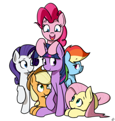 Size: 2000x2100 | Tagged: safe, artist:alexi148, applejack, fluttershy, pinkie pie, rainbow dash, rarity, twilight sparkle, pony, g4, female, high res, looking at each other, mane six, mare, prone, raised hoof, simple background, transparent background