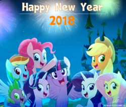 Size: 1560x1320 | Tagged: safe, artist:the-butch-x, applejack, fluttershy, pinkie pie, rainbow dash, rarity, spike, starlight glimmer, twilight sparkle, alicorn, dragon, pony, g4, :d, canterlot, canterlot castle, cute, fireworks, happy new year, happy new year 2018, holiday, looking at you, mane seven, mane six, twilight sparkle (alicorn)