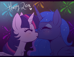 Size: 700x542 | Tagged: safe, artist:lulubell, princess luna, twilight sparkle, alicorn, pony, g4, blushing, eyes closed, female, fireworks, freckles, happy new year, happy new year 2018, holiday, kissing, lesbian, mare, new year, ship:twiluna, shipping, twilight sparkle (alicorn)