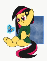 Size: 1103x1430 | Tagged: safe, artist:darkknighthoof, oc, oc only, oc:juniper, butterfly, clothes, colored, cute, shirt