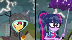 Size: 1280x720 | Tagged: safe, screencap, sci-twi, sunset shimmer, twilight sparkle, equestria girls, g4, monday blues, my little pony equestria girls: summertime shorts, backpack, canterlot city, clothes, duo, geode of telekinesis, glasses, hoodie, lightning, magical geodes, phone, rain, smartphone, umbrella, wet hair
