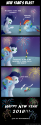 Size: 1600x4792 | Tagged: safe, artist:helmie-art, rainbow dash, soarin', pony, g4, bottle rocket, comic, female, fireworks, happy new year, happy new year 2018, holiday, male, misspelling, public service announcement, rainbow dumb, ship:soarindash, shipping, straight, this ended in tears
