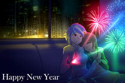 Size: 1280x845 | Tagged: safe, artist:jonfawkes, dj pon-3, octavia melody, vinyl scratch, human, g4, clothes, eyes closed, female, fireworks, happy new year, happy new year 2018, holding hands, holiday, humanized, lesbian, magic, ship:scratchtavia, shipping, smiling