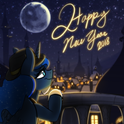Size: 1000x1000 | Tagged: safe, artist:xxmarkingxx, princess luna, alicorn, pony, g4, female, happy new year, happy new year 2018, hat, holiday, mare, mare in the moon, moon, new year, night