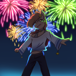 Size: 1000x1000 | Tagged: safe, artist:myralilth, oc, oc only, anthro, 2018, anthro oc, clothes, female, fireworks, happy new year, happy new year 2018, holiday, mare, night, smiling, solo