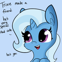 Size: 1650x1650 | Tagged: safe, artist:tjpones edits, edit, trixie, pony, unicorn, g4, blue background, bronybait, bust, cheek fluff, chibi, cute, dialogue, diatrixes, ear fluff, female, leaning, mare, open mouth, simple background, smiling, solo, text edit, third person, tjpones is trying to murder us, trixie made a friend, wholesome