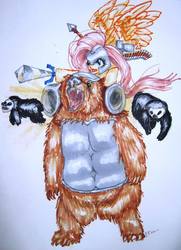 Size: 695x959 | Tagged: artist needed, safe, fluttershy, badger, bear, g4, ammunition, armor, badger firing cannon, badger firing cannons, cannon, cannons, helmet, ponies riding bears, riding, riding a bear, simple background, spear, sword, traditional art, weapon, white background