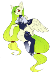 Size: 2622x3762 | Tagged: safe, artist:helemaranth, oc, oc only, oc:lemony light, pegasus, pony, semi-anthro, rcf community, clothes, eye clipping through hair, female, heterochromia, high res, mare, simple background, socks, solo, stockings, thigh highs, transparent background, ych result