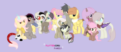Size: 1600x684 | Tagged: safe, artist:rose-moonlightowo, discord, fluttershy, oc, draconequus, hybrid, pegasus, pony, unicorn, g4, family, female, filly, interspecies offspring, male, mare, offspring, parent:discord, parent:fluttershy, parents:discoshy, pony discord, ship:discoshy, shipping, simple background, stallion, straight