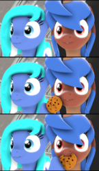 Size: 1136x1956 | Tagged: safe, artist:star-lightstarbright, oc, oc only, oc:heart sketch, oc:starlight starbright, pegasus, pony, unicorn, 3d, cookie, female, food, mare, mouth hold