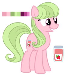 Size: 1650x1798 | Tagged: safe, artist:elskafox, oc, oc only, oc:anyberry jam, earth pony, pony, food, jam, reference sheet, smiling, solo, strawberry