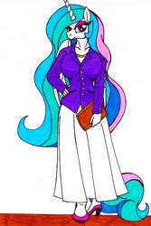Size: 1652x2468 | Tagged: safe, artist:killerteddybear94, princess celestia, alicorn, anthro, g4, breasts, busty princess celestia, clothes, confident, cropped, female, folder, jacket, lidded eyes, long skirt, looking at you, shoes, skirt, solo, traditional art