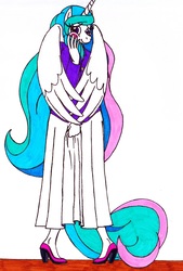 Size: 1664x2464 | Tagged: safe, artist:killerteddybear94, princess celestia, alicorn, anthro, g4, blushing, clothes, cropped, cute, cutelestia, female, hand on face, long skirt, looking at you, shoes, shy, skirt, smiling, solo, traditional art
