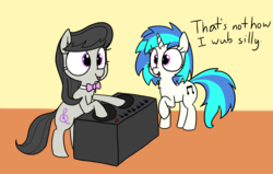 Size: 1953x1239 | Tagged: safe, artist:wafflecakes, dj pon-3, octavia melody, vinyl scratch, earth pony, pony, unicorn, g4, bipedal, bipedal leaning, bowtie, chest fluff, cute, dialogue, leaning, raised hoof, scratchboard, silly, silly pony, simple background, tavibetes, tongue out, vinylbetes, wub