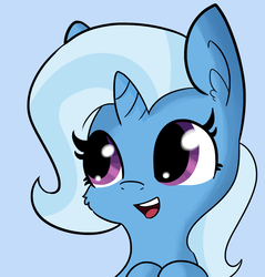 Size: 1472x1540 | Tagged: safe, artist:tjpones edits, edit, trixie, pony, unicorn, g4, blue background, bust, cheek fluff, chibi, cute, dialogue, diatrixes, ear fluff, exploitable, female, leaning, mare, open mouth, simple background, smiling, solo, template, textless, tjpones is trying to murder us, trixie made a friend