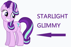 Size: 814x537 | Tagged: safe, starlight glimmer, pony, unicorn, g4, arrow, captain obvious, caption arrow, cute, female, glimmerbetes, glimmy, grin, looking back, mare, nickname, simple background, smiling, solo, squee, white background