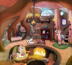 Size: 1024x931 | Tagged: safe, artist:docwario, angel bunny, fluttershy, oc, oc:willowtree, deer, pegasus, pony, rabbit, g4, book, bookshelf, candle, carrying, chair, chandelier, eye contact, female, fire, fireplace, looking at each other, male, mare, prone, stairs, straight