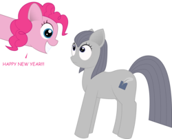 Size: 3110x2508 | Tagged: safe, artist:onil innarin, derpibooru exclusive, pinkie pie, oc, oc only, oc:slate pie, dialogue, duo, female, grin, happy new year, high res, holiday, looking at each other, mare, simple background, smiling, surprised, transparent background, vector