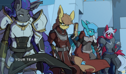 Size: 3000x1773 | Tagged: safe, artist:bbsartboutique, oc, oc only, oc:amity, oc:dusty, oc:helios aster, oc:melon frost, anthro, armor, destiny (video game), destiny 2 (game), gun, weapon
