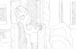 Size: 1566x1028 | Tagged: safe, artist:perpendicular white, rarity, pony, unicorn, g4, absorption, belly, digestion, female, fetish, implied pinkie pie, licking, licking lips, mare, monochrome, pinkie prey, raripred, sketch, sugarcube corner, tongue out, vore