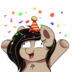 Size: 400x400 | Tagged: safe, artist:confetticakez, oc, oc only, oc:raven sun, pony, cheering, confetti, cute, female, frog (hoof), happy, hat, hooves up, mare, party hat, reaction image, simple background, solo, transparent background, underhoof