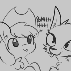 Size: 1650x1650 | Tagged: safe, artist:tjpones, applejack, dog, earth pony, pony, g4, bust, cheek fluff, doggo, duo, ear fluff, female, fluffy, gray background, grayscale, mare, monochrome, onomatopoeia, raspberry, raspberry noise, simple background, tongue out