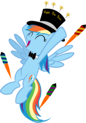 Size: 4057x5785 | Tagged: safe, artist:ironm17, rainbow dash, pegasus, pony, g4, ^^, absurd resolution, bowtie, clothes, eyes closed, female, fireworks, happy, happy new year, hat, holiday, mare, new year, rocket, simple background, solo, top hat, transparent background, vector