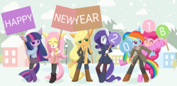 Size: 2463x1200 | Tagged: safe, artist:howxu, applejack, fluttershy, pinkie pie, rainbow dash, rarity, twilight sparkle, anthro, g4, boots, building, clothes, cloud, coat, cute, eyes closed, happy new year 2018, jacket, laughing, mane six, new year, pantyhose, shoes, sign, skirt, sky, snow, socks, street lights, surprised, totally not rarijack, winter